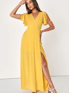 Lulu's Yellow Wrap Maxi Dress with Flutter Sleeves
